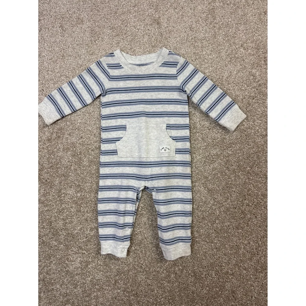 Carters Kind Club Baby Boy Striped Ribbed Long Sleeve Snap Up Romper Grey Blue